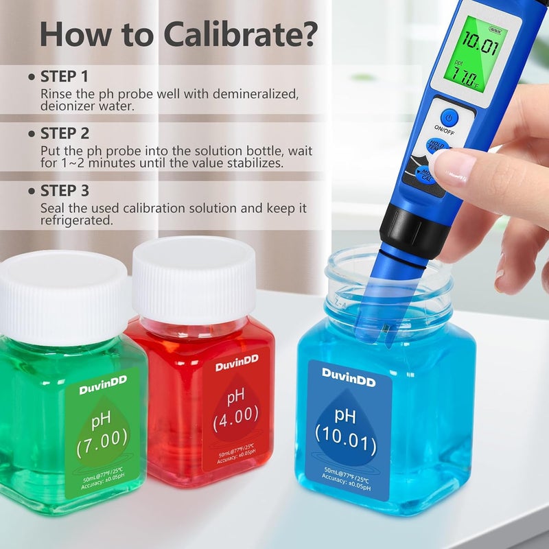 DuvinDD pH Calibration Buffer Solution Kit pH 4.00/7.00/10.01, for Precisely Calibrate pH Meter and pH Tester, Plus 30ml KCL pH Probe Storage Solution - Image 2